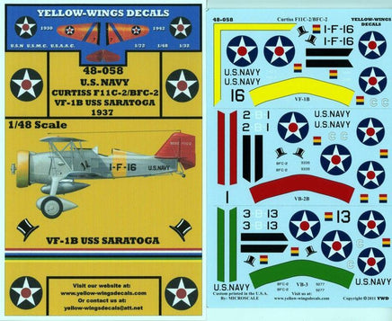 Yellow-Wings Decals for U.S. Navy Curtiss F11C-2/BFC-2 aircraft on a yellow background
