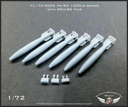 Flying Leathernecks 1/72 scale Mk-83 1000lb bomb set with BSU-85 fins, product packaging showing six detailed resin bombs with fuzes and nose plugs, item 172-2005
