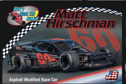 Model race car kit with 'Matt Hirschman' branding and checkered border.