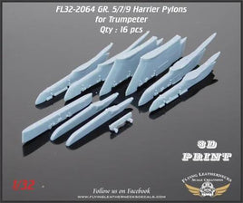 Resin weapons pylon set for 1/32 Harrier GR.5/7/9 showing eight wing pylons, one centerline pylon, and seven BRU-36 ejector racks on white background

