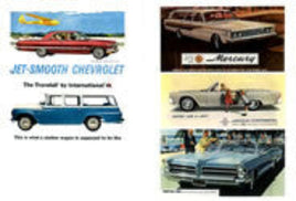 Vintage car advertisements featuring Chevrolet and other makes on a white background.