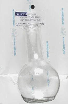 Perfect Parts 125ml borosilicate glass boiling flask model 506B with flat bottom, long neck, and reinforced rim for educational science laboratory heating experiments
