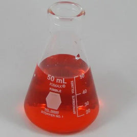 Erlenmeyer flask with red liquid and 'Kimble' branding on a gray background