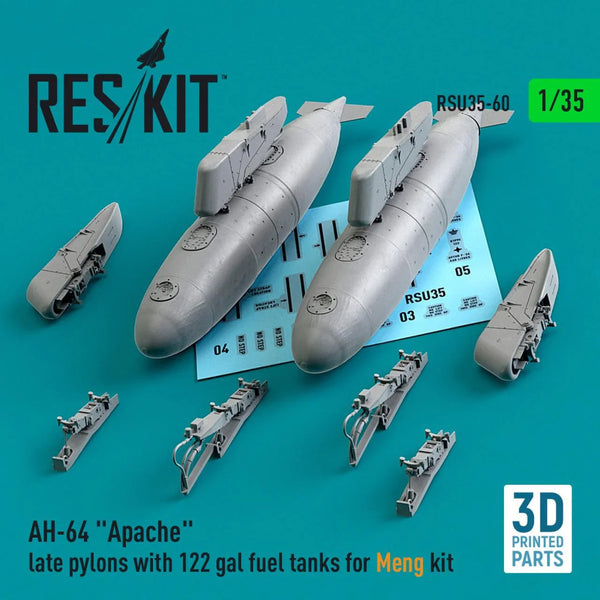 Model kit of AH-64 'Apache' with 3D printed parts on a blue background, featuring RESKIT branding.