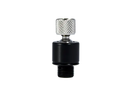 Black and silver valve stem cap on a white background