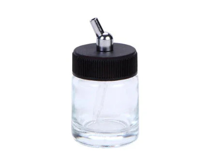 Vigiart HS-G2 clear glass 22cc paint bottle with threaded metal cap and siphon tube for HS-82 dual action airbrush, showing transparent cylindrical glass container with secure screw-on lid and internal pickup tube for solvent-resistant paint delivery
