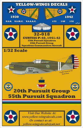 Yellow-Wings Decals packaging for Curtiss P-40 aircraft with scale and squadron information.