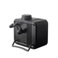 Black mechanical device with a knob and lever on a white background