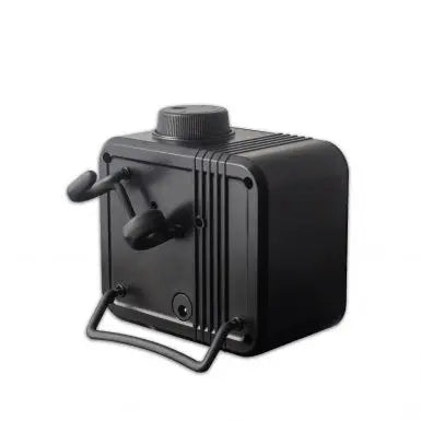 Black mechanical device with a knob and lever on a white background