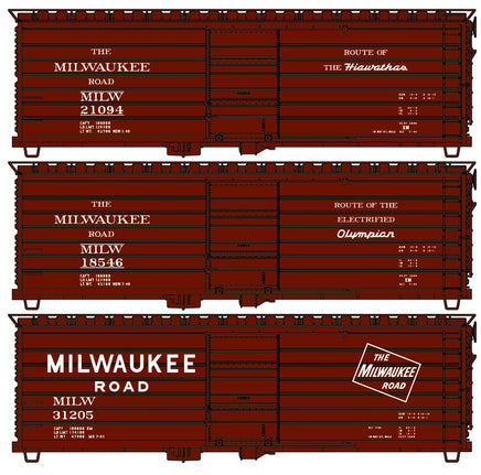 HO Accurail Milwaukee Road 40' Rib Side Steel Boxcar 3-Car Set 8183