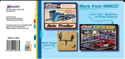 Model trailer kit packaging with 'WMCC' branding and model cars on a blue background.