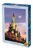 Jigsaw puzzle box featuring a castle at sunset with a moon in the sky