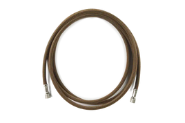 Coiled metal cable with silver connectors on a white background