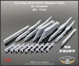 Resin weapons pylon set for 1/32 AV-8B Harrier showing six wing pylons, two centerline pylons, seven BRU-36 ejector racks, and LAU-7 adapters on white background
