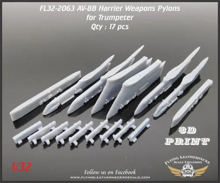 Resin weapons pylon set for 1/32 AV-8B Harrier showing six wing pylons, two centerline pylons, seven BRU-36 ejector racks, and LAU-7 adapters on white background
