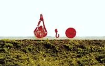 Red hook and ball icon on a white background