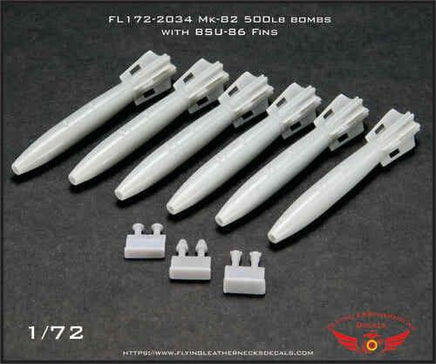 Flying Leathernecks 1/72 scale Mk-82 500lb bomb set with BSU-86 retarded fins, product packaging showing six detailed resin bombs with fuzes and nose plugs, item 172-2034
