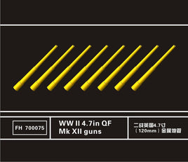 Yellow model guns labeled WW II 4.7in QF Mk XII guns on a black background