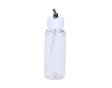 Vigiart HS-P8 clear plastic 100cc paint bottle with threaded cap and siphon tube for HS-82 dual action airbrush, showing transparent cylindrical container with measurement markings, secure screw-on lid, and internal pickup tube for paint delivery
