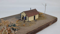 Model of a small house with a car and people on a miniature landscape