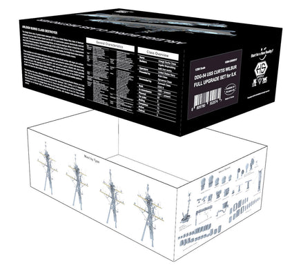 Box packaging with technical details and illustrations on a white background