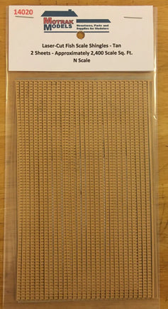 Model fish scale shingles packaging with 'Microscale Models' branding on a wooden surface.