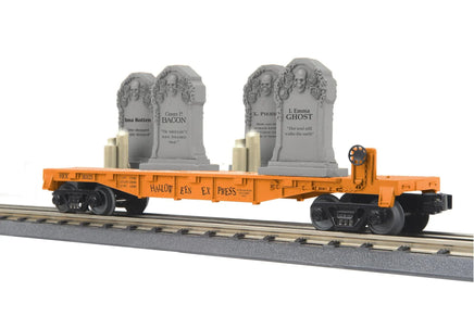 O MTH Halloween Flat Car w/Headstones & Flickering Lighted Candles (Orange) 30-76926