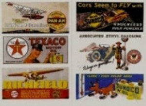 Collection of vintage-style product packaging labels with logos and graphics.