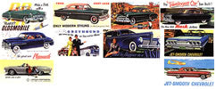Collection of vintage car advertisements from different brands.