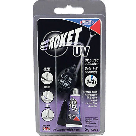 Roket UV adhesive packaging with branding and product details on a white background