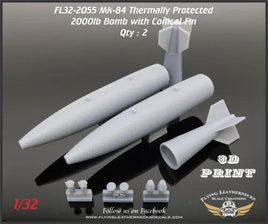 Two 1/32 scale Flying Leathernecks thermally protected Mk-84 2000lb bombs with conical fins, M904 fuses, TDD devices, and MXU-735 nose plugs
