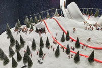 Model of a snowy landscape with trees, a gazebo, and people on a hillside.