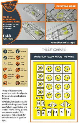 Clear Prop yellow kabuki paper painting mask set for 1/48 scale Revell SR-71A Blackbird model kit showing precision-cut canopy masks part number A48013
