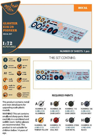 1/72 Clear Prop Gloster E28/39 Pioneer Decal Set D72002