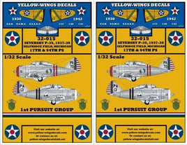 Two Yellow-Wings Decals packaging for Seversky P-35 aircraft models on a yellow background.