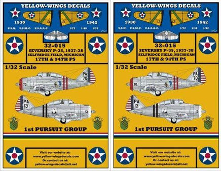 Two Yellow-Wings Decals packaging for Seversky P-35 aircraft models on a yellow background.