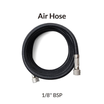 Black air hose with silver connectors on a white background
