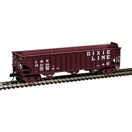 N Scale Atlas Master PS-2750 covered hopper car in Louisville and Nashville red livery with white L&N lettering, featuring die-cast construction with fifteen panels and sixteen side posts, displayed on model railroad track
