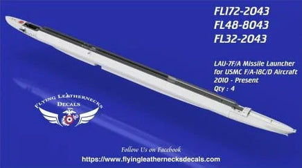Flying Leathernecks 1/72 scale LAU-7F/A missile launcher set for F/A-18C/D Hornet, product packaging showing four detailed 3D printed launchers, item 172-2043
