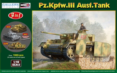 Model tank kit packaging for Pz.Kpfw.III Ausf. Tank with scale model illustration and features.