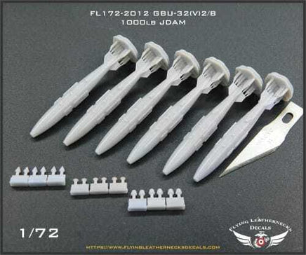 1/72 Flying Leathernecks GBU-32(V)2/B 1000lb JDAM ordnance set showing six precision-molded bombs with KMU-559 guidance kits, tail assemblies, DSU-33 fuzes, and nose plug options for modern U.S. aircraft
