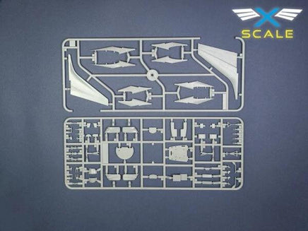 Model kit parts on a gray background with X-SCALE logo.