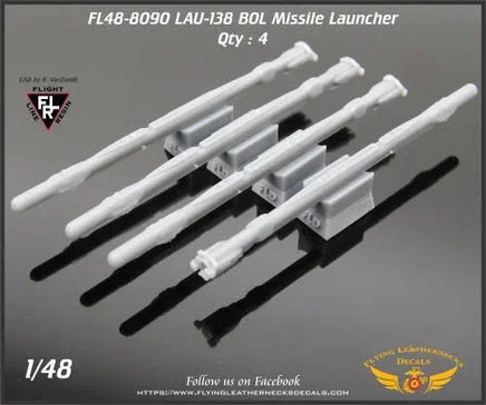 Flying Leathernecks 48-8090 LAU-138 BOL missile launcher set with four medium gray 3D printed resin launchers for 1/48 scale military aircraft models
