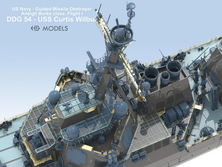 Model of a US Navy guided missile destroyer with detailed features on a clear background