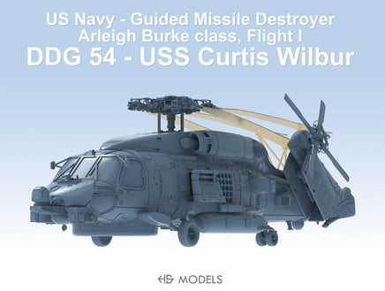 Model of a US Navy guided missile destroyer with text indicating it is a DDG 54 USS Curtis Wilbur.