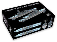 Model kit box for Arleigh Burke Class Destroyer with ship illustrations on a black background