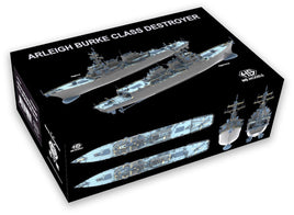 Model kit box for Arleigh Burke Class Destroyer with ship illustrations on a black background