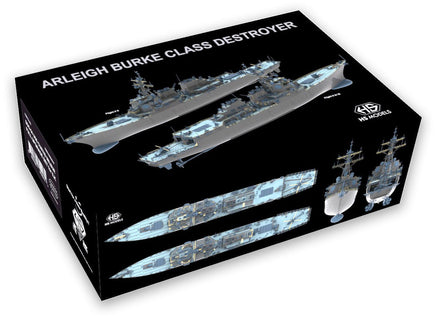 Model kit box for Arleigh Burke Class Destroyer with ship illustrations on a black background