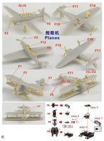 Model airplane kit with labeled parts and assembly steps on a white background