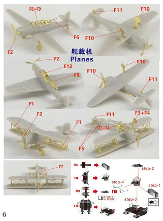 Model airplane kit with labeled parts and assembly steps on a white background